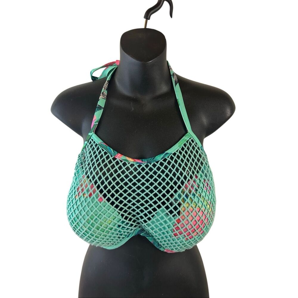 Shade shore crochet halter swim top‎ 36DD green tropical